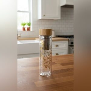 Glass Tea Tumbler 16oz Infuser Bamboo Lid Gold Floral Design | Pinky’s Up | New